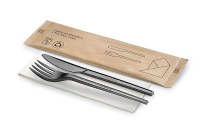Bestiksæt 3 CPLA - "REUSABLE", kniv-gaffel-serviet, wrapped, sort - 1 stk pk* / 250 pk karton*