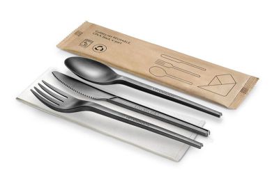 Bestiksæt 4 CPLA - "REUSABLE", kniv-gaffel-dessertske-serviet, wrapped, sort - 1 stk pk* / 250 pk karton*