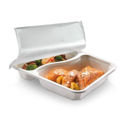 Menu bakke biocoated sukkerrørsfiber, 550/340ml 2-rum, 227x178x45mm, hvid - 125 stk pk / 2 pk karton